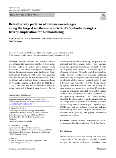 Beta diversity patterns of diatom assemblages  along the largest north‑western river of Cambodia (Sangker  River): implication for biomonitoring